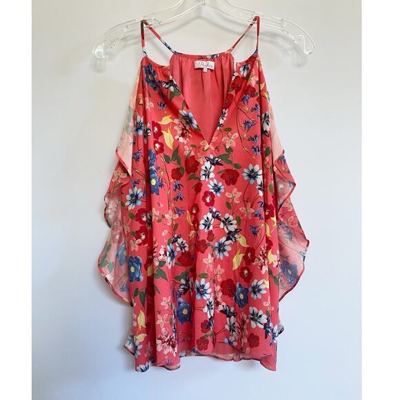 Parker Pink Floral Print Keyhole Ruffle Tank Top - M - Picture 2 of 13